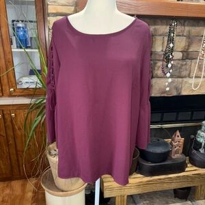 BURGUNDY BUSINESS CASUAL BLOUSE LACE UP SLEEVES WITH BELL SLEEVE BOTTOMS